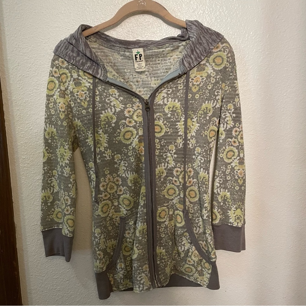 Free People Gray Floral Zip Hoodie with Yellow Accents